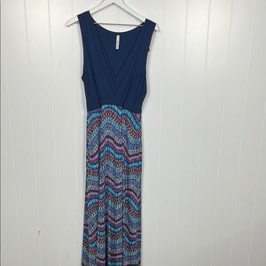Gilli Womens Maxi Tank Dress XL Navy Bodice Turquoise Pink Skirt Abstract Print